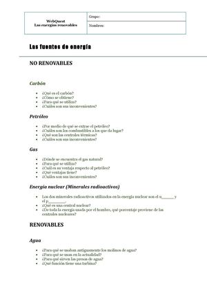 WebQuest Energías renovables - Cuestionario: las fuentes de energía