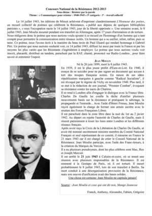 Concours national de la Résistance - Poème en hommage à Jean Moulin