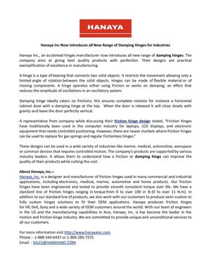 Hanaya Inc Now Introduces all New Range of Damping Hinges for Industries