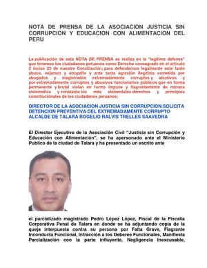 SOLICITAN DETENCIÓN DE ULTRACORRUPTO ALCALDE DE TALARA  ROGELIO TRELLES SAAVEDRA