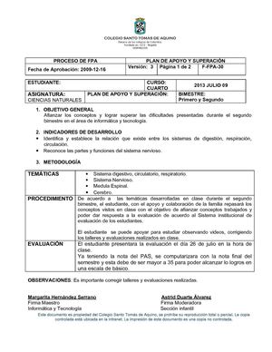 PLAN DE APOYO 4° PRIMER SEMESTRE 2013