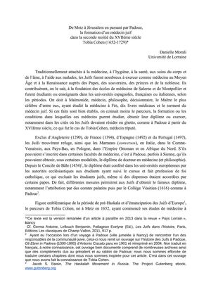 Formation d'un médecin juif au XVIIème siècle, Tobia Cohen 