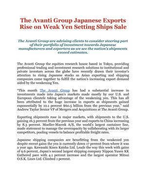 The Avanti Group Japanese Exports Rise on Weak Yen Setting Ships Sale