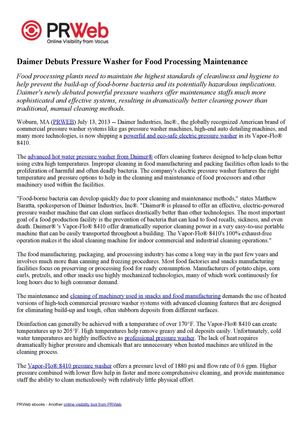 Daimer Debuts Pressure Washer for Food Processing Maintenance