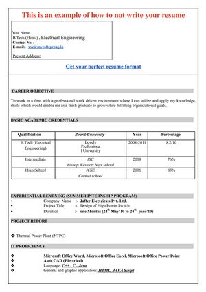 Samples Resume for Freshers engineers pdf