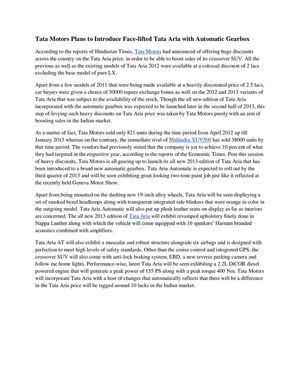 Tata Motors Plans to Introduce Face-lifted Tata Aria with Automatic Gearbox 