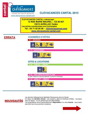NOUVEAUTES Clévacances Cantal 2013