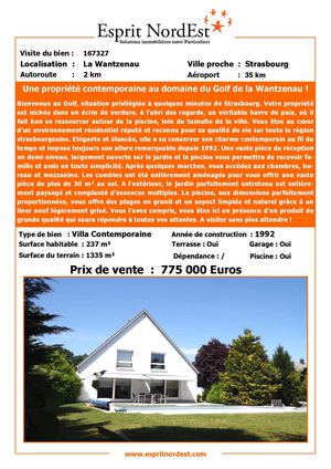 Une propriété contemporaine au domaine du Golf de la Wantzenau ! à vendre sans frais d'agence, direct particulier !