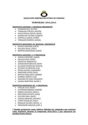 DELEGACIÓN ÁRBITROS DE FÚTBOL DE CÓRDOBA. PROPUESTA ASCENSOS-DESCENSOS 2013-2014