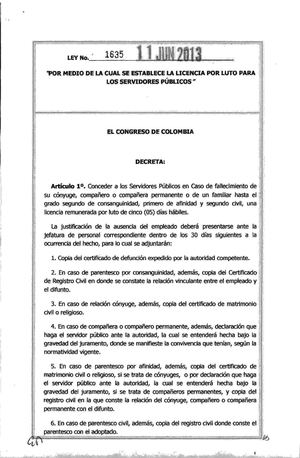 LEY 1635 DEL 11 DE JUNIO DE 2013 LICENCIA POR LUTO SERVIDORES PÚBLICOS