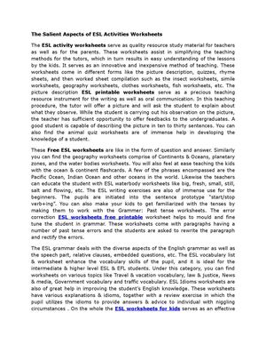 The Salient Aspects Of ESL Activities Worksheets