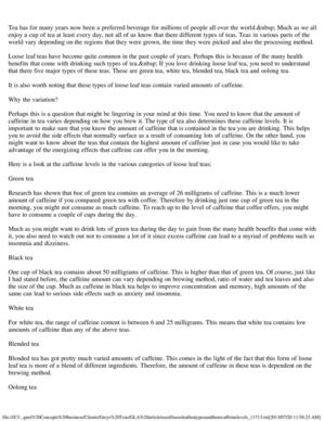 Loose tea types and Caffine amounts