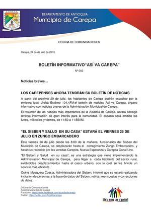 Boletín Informativo “Así va Carepa” Nº 002