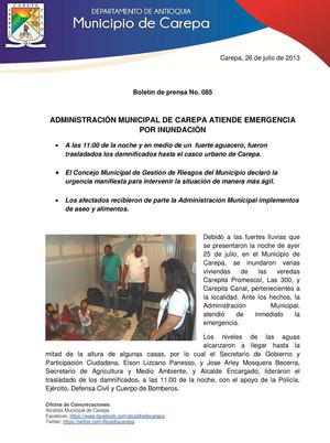 Boletin de Prensa 085 Administración Municipal atiende emergencia por inundación