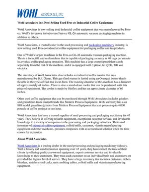 Wohl Associates Inc. Now Selling Used Fres-co Industrial Coffee Equipment