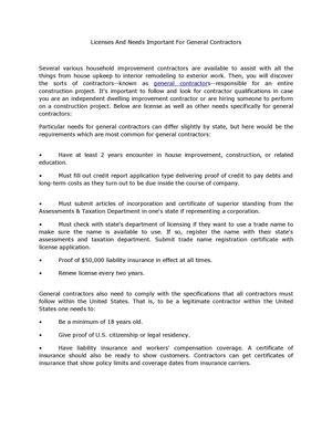 Licenses And Needs Important For General Contractors