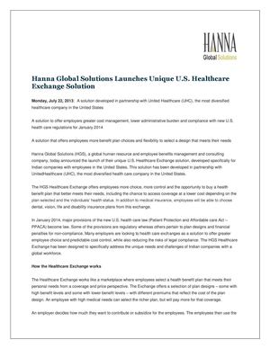 Hanna Global Solutions Launches Unique U.S. Healthcare Exchange Solution