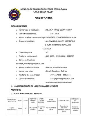 PLAN DE TUTORÍA DE LOS ESTUDIANTES BECARIOS DE ELECTROTECNIA INDUSTRIAL DEL IESTP "JULIO CÉSAR TELLO"