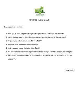 ATIVIDADE PARA O 3º ANO