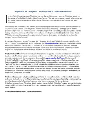 TripBuilder Inc. Changes Its Company Name to TripBuilder Media Inc.