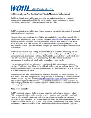 Wohl Associates Inc. Now Reselling Used Vitamin Manufacturing Equipment