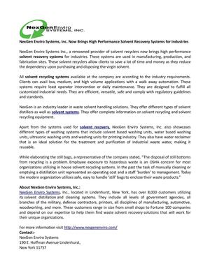 NexGen Enviro Systems, Inc. Now Brings High Performance Solvent Recovery Systems for Industries