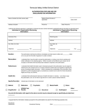 TVUSD Authorization for Disclosure of Medical Information