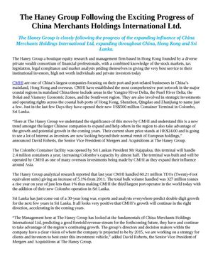 The Haney Group Following the Exciting Progress of China Merchants Holdings International Ltd.