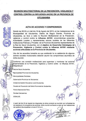 Acta de Reunión Multisectorial para Prevenir Influenza AH1N1 en Utcubamba