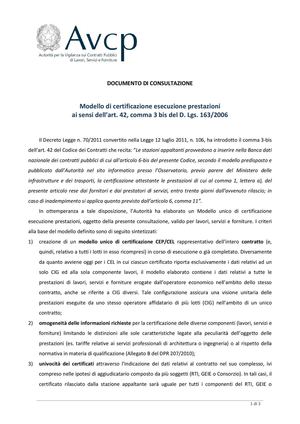 Modello di certificazione esecuzione prestazioni ai sensi dell’art. 42, comma 3 bis del D. Lgs. 163/2006