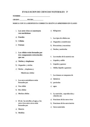 EVALUACION DE CIENCIAS NATURALES 5º