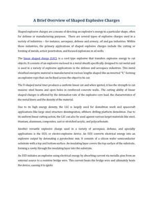 A Brief Overview of Shaped Explosive Charges