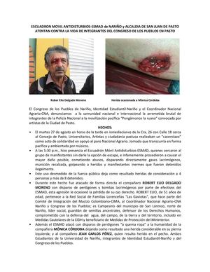 ESCUADRON MOVIL ANTIDISTURBIOS-ESMAD de NARIÑO y ALCALDIA DE SAN JUAN DE PASTO ATENTAN CONTRA LA VIDA DE INTEGRANTES DEL CONGRESO DE LOS PUEBLOS EN PASTO