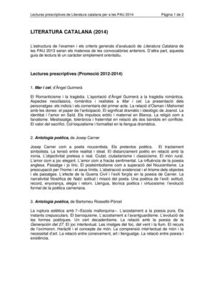 LECTURES OBLIGATÒRIES DE LITERATURA  CATALANA 2014