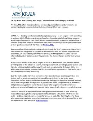 Dr Ary Krau Now Offering No Charge Consultation on Plastic Surgery in Miami
