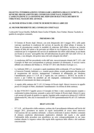 Interrogazione sulla condanna al risarcimento di 50.000€ per l'assegnazione del servizio di raccolta dei rifiuti