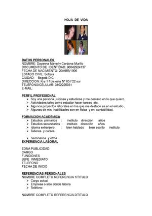 hoja de  vida  Dayanna Mayerly Cardona Murillo