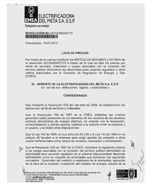 LISTA DE PRECIOS - ELECTRIFICADORA DEL META