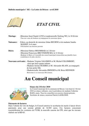 Bricon Bulletin Municipal 102 Avril 2010