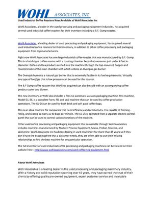 Used Industrial Coffee Roasters Now Available at Wohl Associates Inc