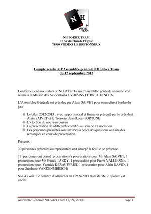 Compte rendu Assemblée Générale NH Poker Team du 12/09/2013