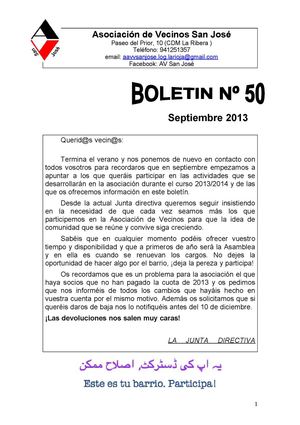 BOLETIN DE SEPTIEMBRE DE LA ASOCIACION DE VECINOS SAN JOSÉ 