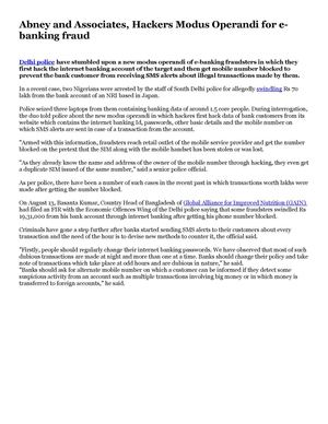 Abney and Associates, Hackers Modus Operandi for e-banking fraud 