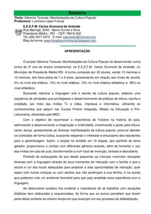 Relatório Final - Projeto: Gêneros textuais - manifestações da cultura popular.