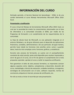 INFORMACIÓN CURSO EXCEL 2010