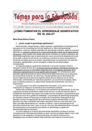 ¿CÓMO FOMENTAR EL APRENDIZAJE SIGNIFICATIVO EN EL AULA? (María Rosel Bolívar Ruano)