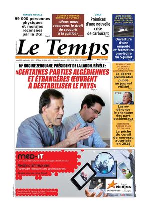 Le Temps d'Algérie Edtion du Lundi  23 Septembre 2013