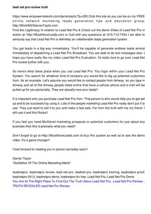 Lead Net Pro Review... STONE COLD TRUTH Lead Net Pro Review 
