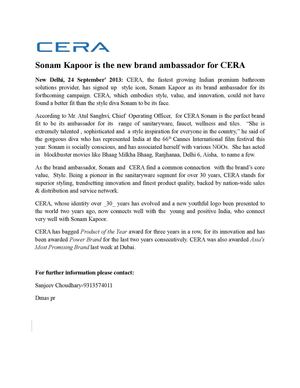 Sonam Kapoor is the new brand ambassador for CERA