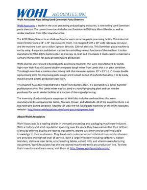 Wohl Associates Now Selling Used Dominioni Pasta Sheeters